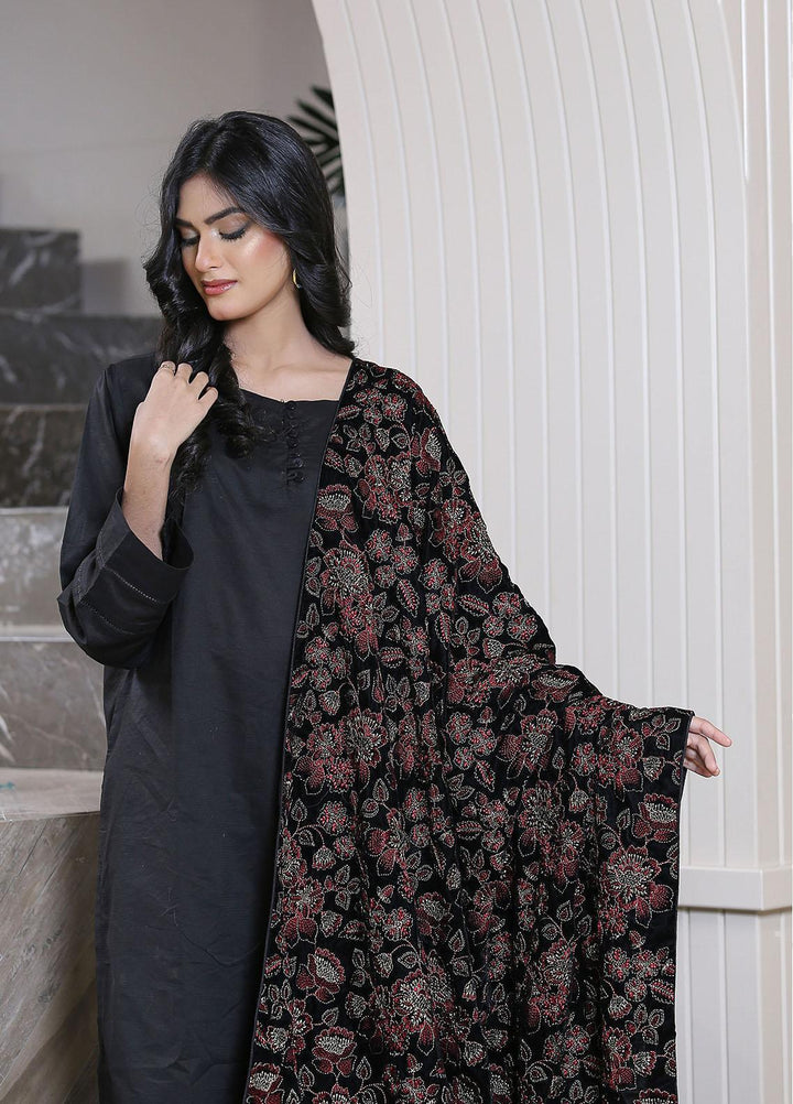 Sanaulla Exclusive Range  Pashmina  Velvet D No S-50 KPS-56 Black - Women Shawls