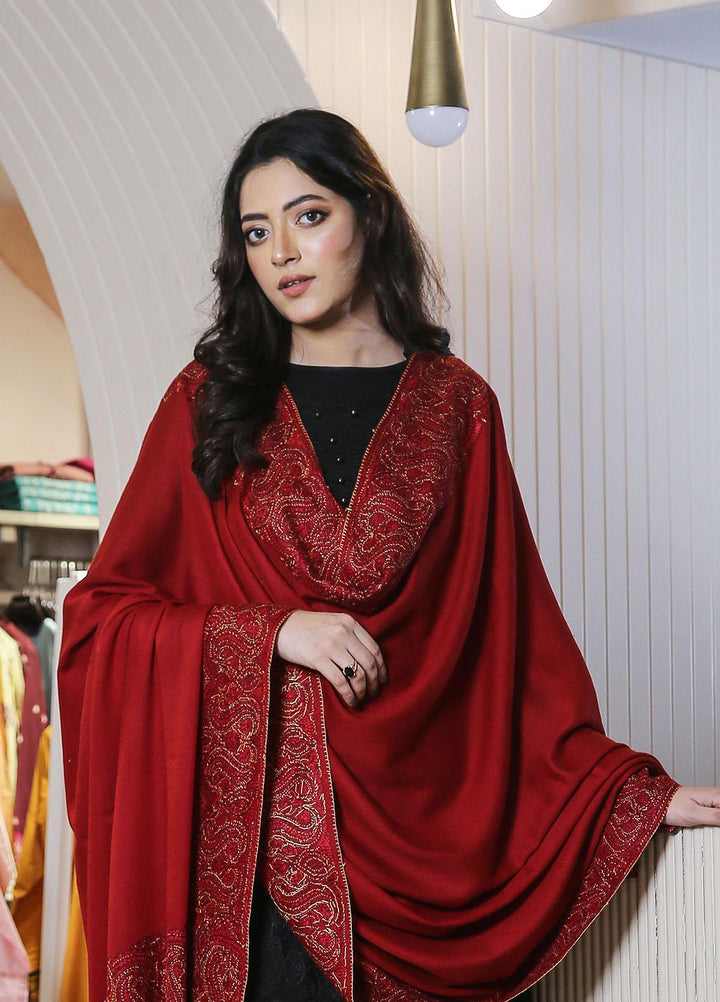 Sanaulla Exclusive Range  Pashmina  Mama D-19 Red - Women Shawls