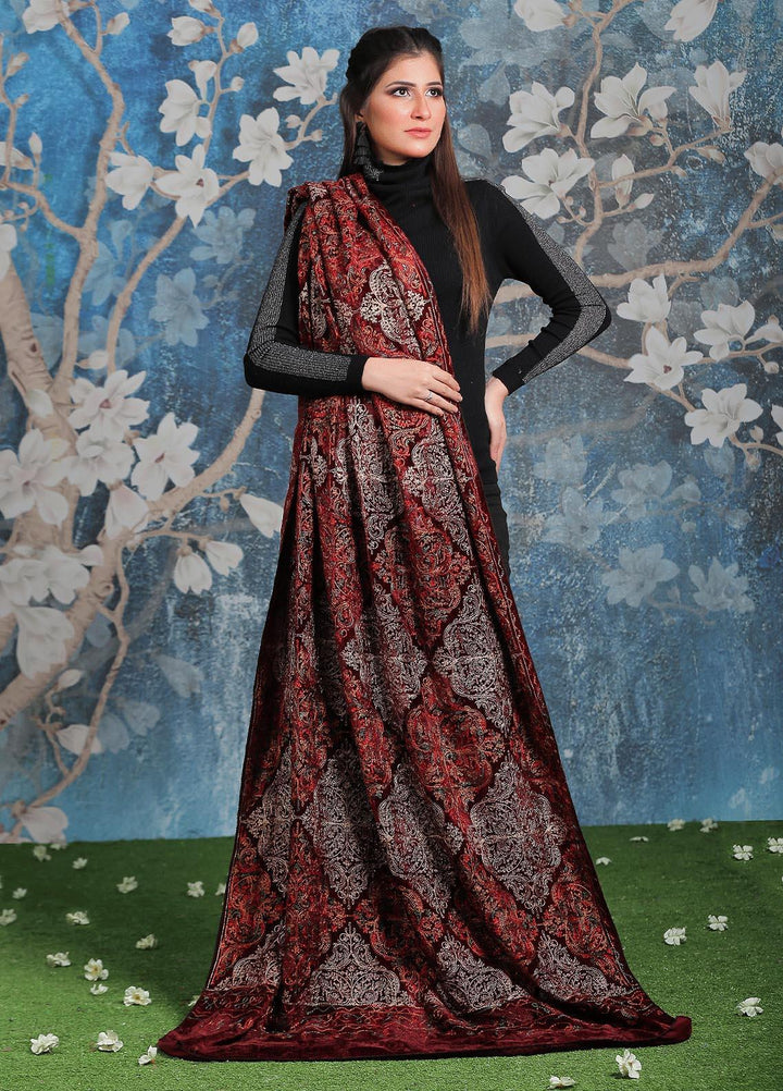 Sanaulla Exclusive Range Embroidered Pashmina  Shawl AKP-03 Maroon - Pashmina Shawls