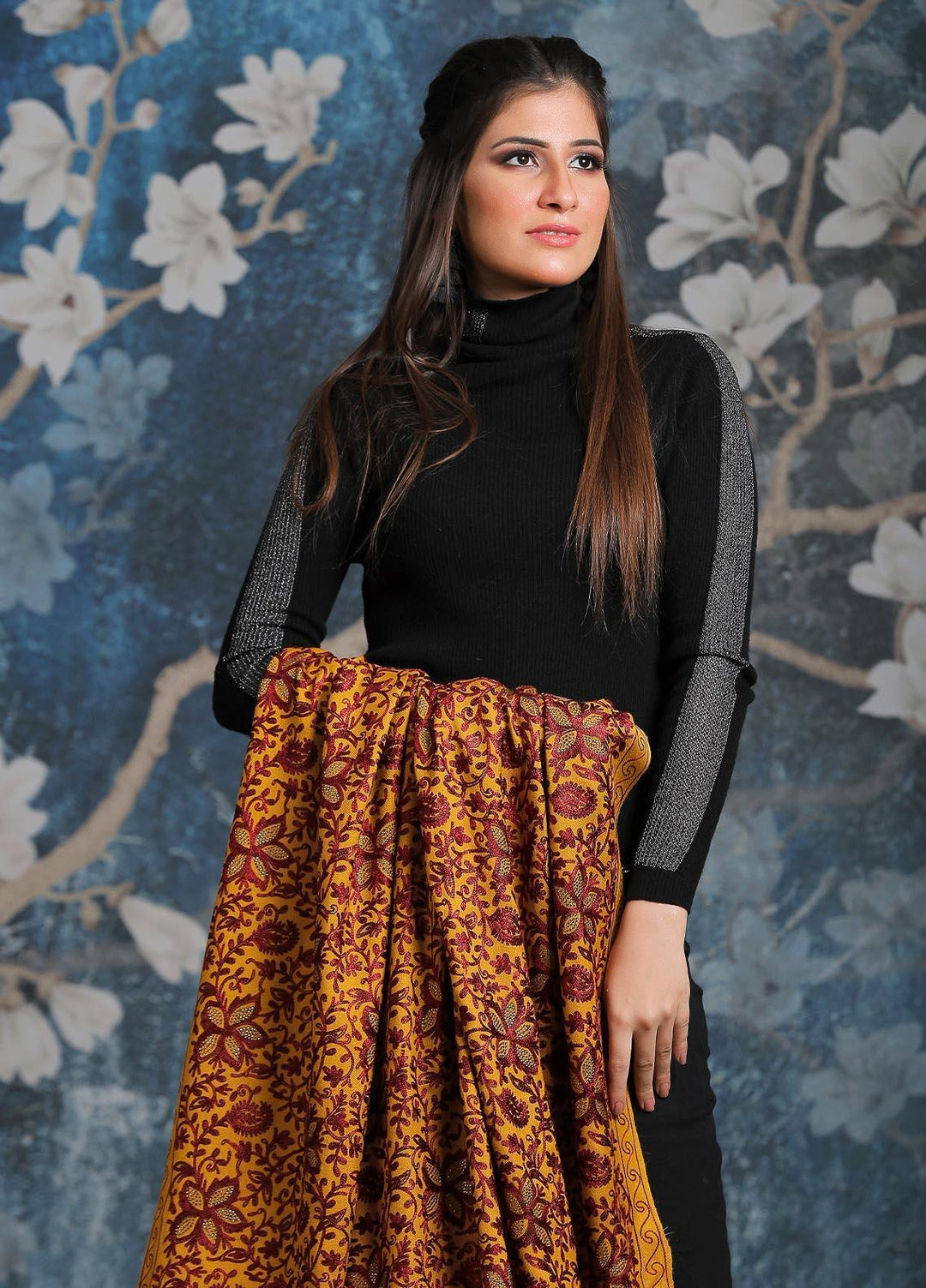 Sanaulla Exclusive Range Embroidered Pashmina Shawl AKP-24 Lemon - Pashmina Shawls