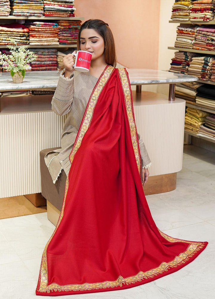 Sanaulla Exclusive Range  Pashmina  Shawls Tilla Neem Dour KPS-03 Red - Pashmina Shawls