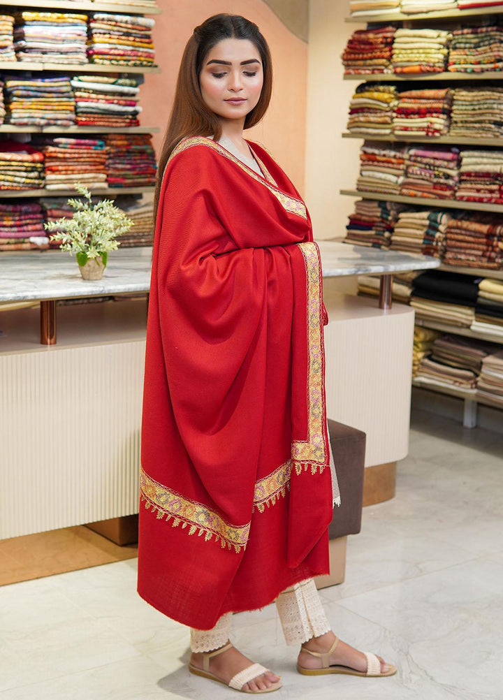 Sanaulla Exclusive Range  Pashmina  Shawls Tilla Neem Dour KPS-03 Red - Pashmina Shawls