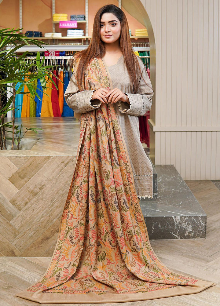 Sanaulla Exclusive Range  Pashmina  Shawls MH Multi Buti Jaal Hw KPS-25 Fawn - Pashmina Shawls