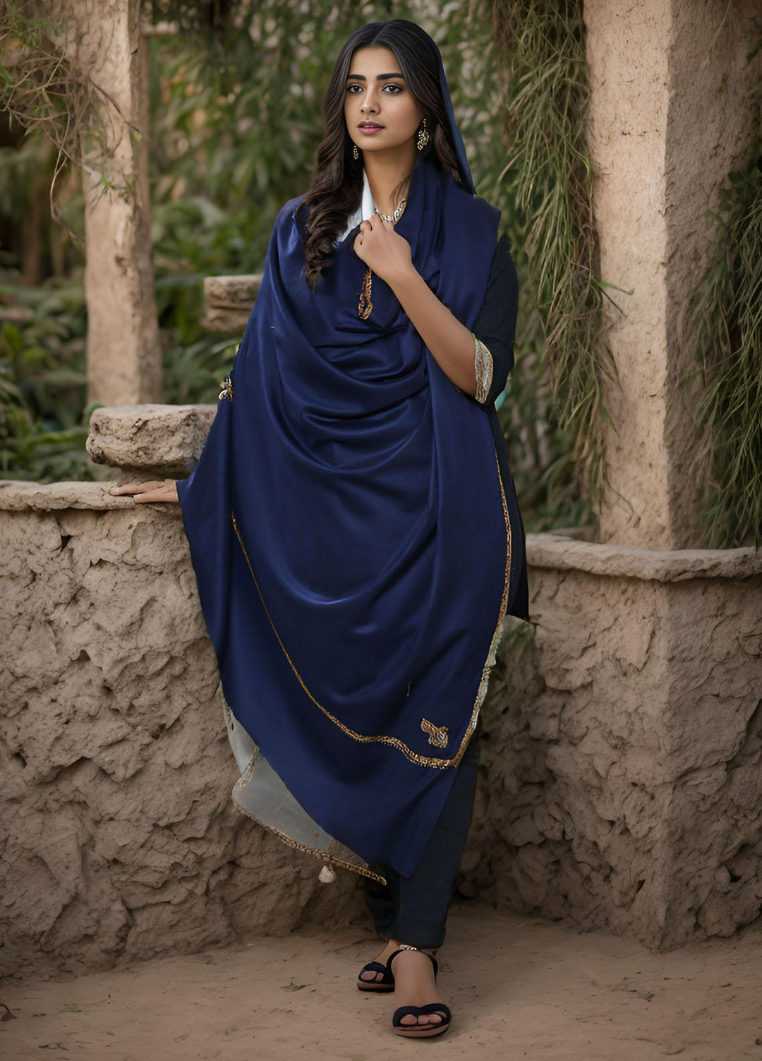 Sanaulla Exclusive Range  Pashmina  KPS 781 D-15 N Blue - Women Shawls