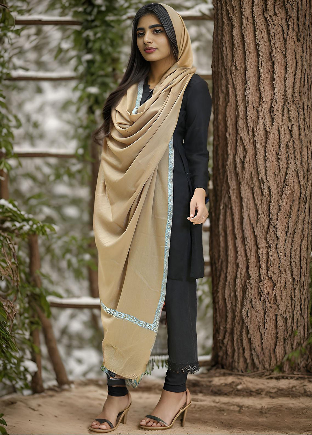 Sanaulla Exclusive Range  Pashmina  Mama D-22 Mehandi 01 - Women Shawls