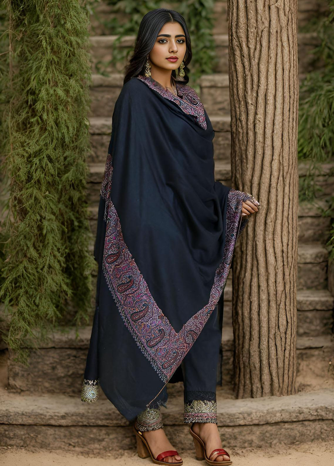 Sanaulla Exclusive Range  Pashmina  Mama D-19 Black 01 - Women Shawls