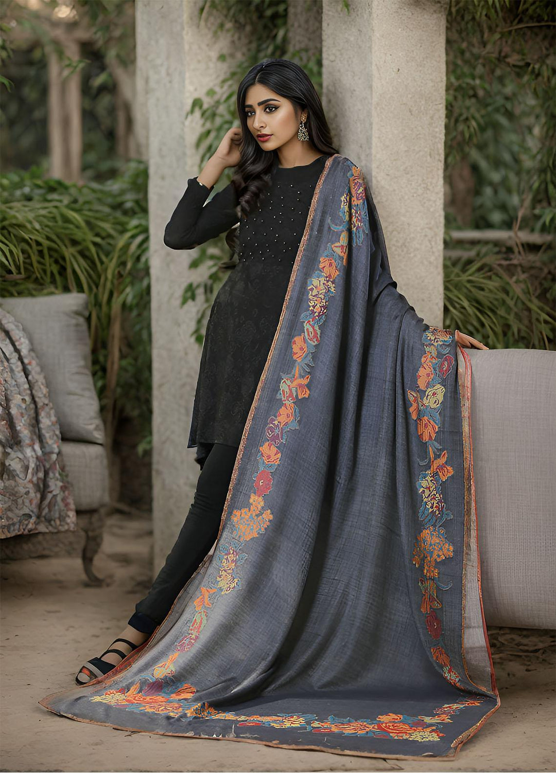 Sanaulla Exclusive Range  Pashmina  KPS 781 D-35 D Grey - Women Shawls