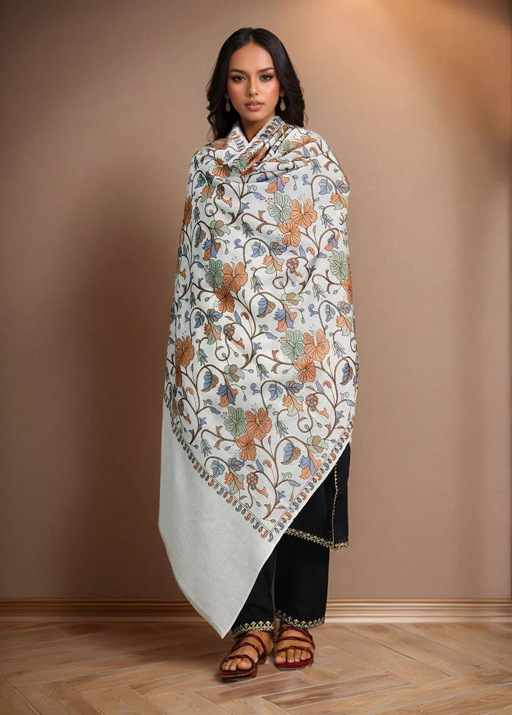Sanaulla Exclusive Range Pashmina Shawl D-47 White - Winter Collection