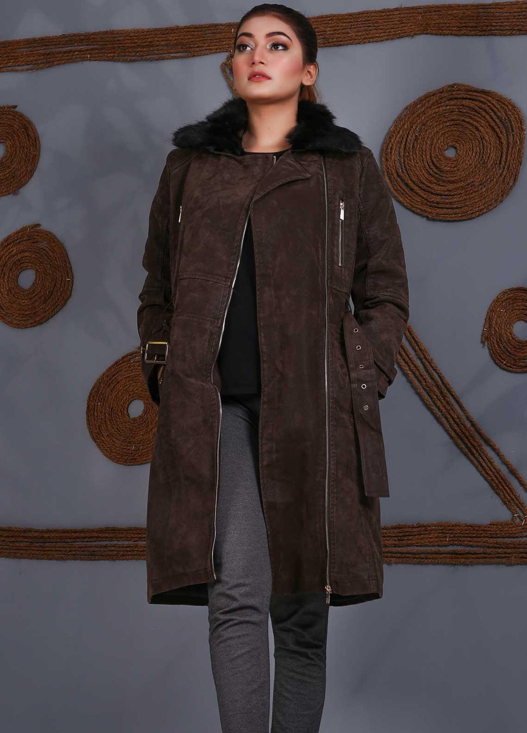 Sanaulla Exclusive Range Velvet Full Sleeves Women Long Jackets -  SU20J Coat 5465 Brown