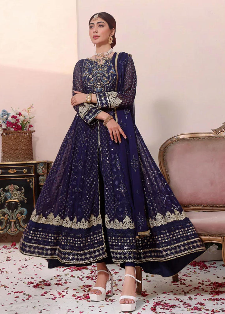 Al Harir Apparel Pret Embroidered Chiffon 3 Piece Suit Navy Blue