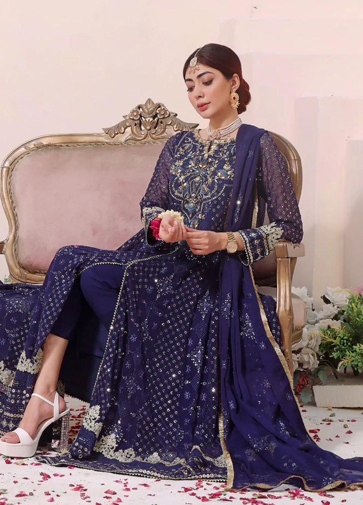 Al Harir Apparel Pret Embroidered Chiffon 3 Piece Suit Navy Blue