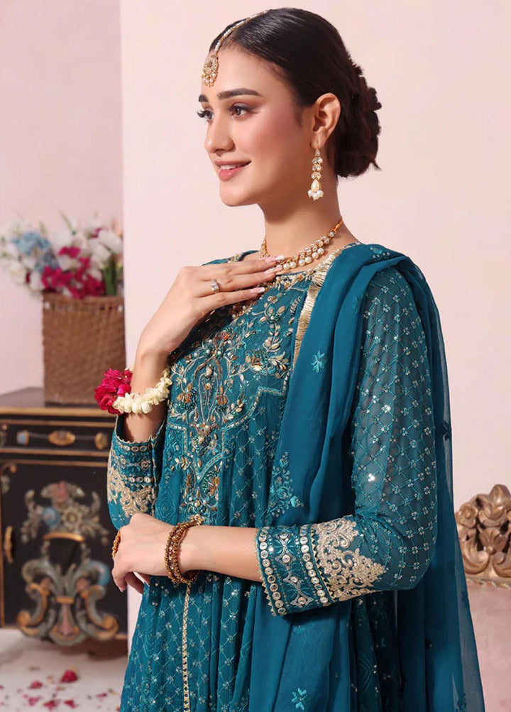 Al Harir Apparel Pret Embroidered Chiffon 3 Piece Suit Peacock
