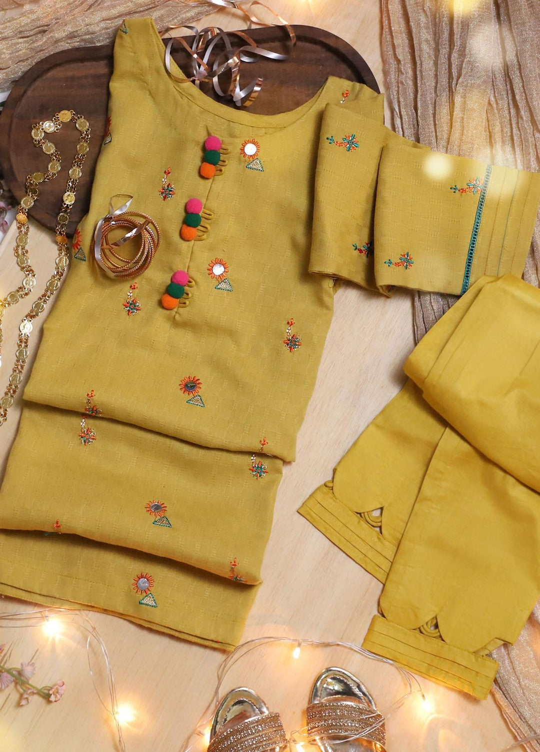 Sania Khan Jacquard Fancy Girls 2 Piece Suit - Funky Mustard