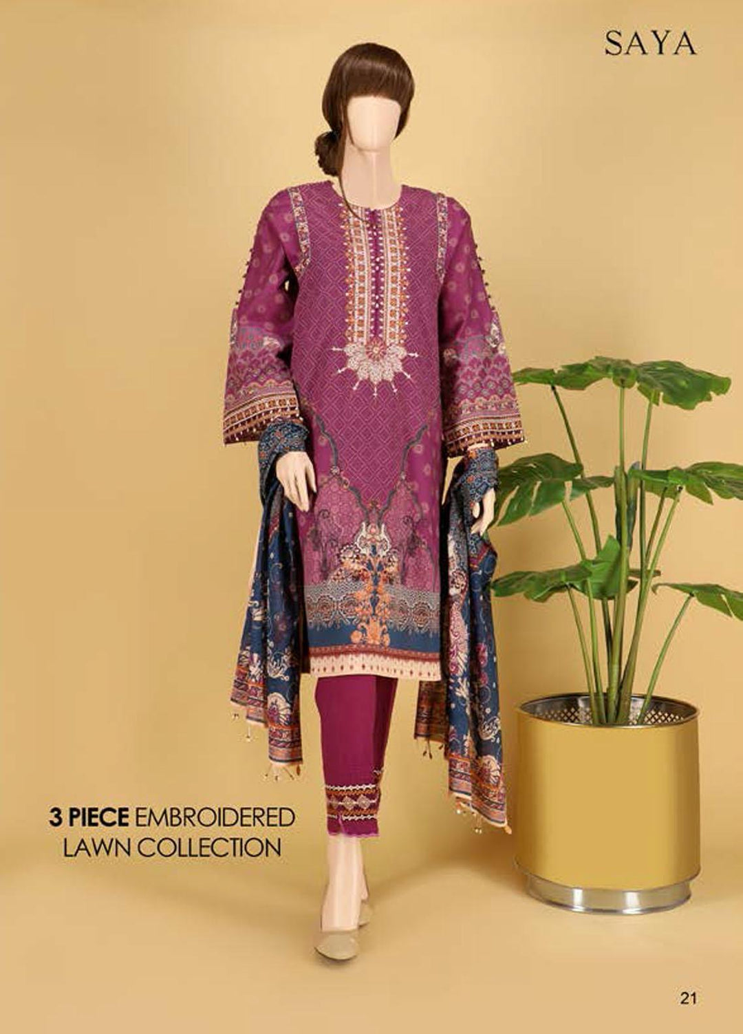 Saya Embroidered Lawn Suits Unstitched 3 Piece SY21SS CULTURAL BEAUTY (UP-2023-24C) - Spring / Summer Collection