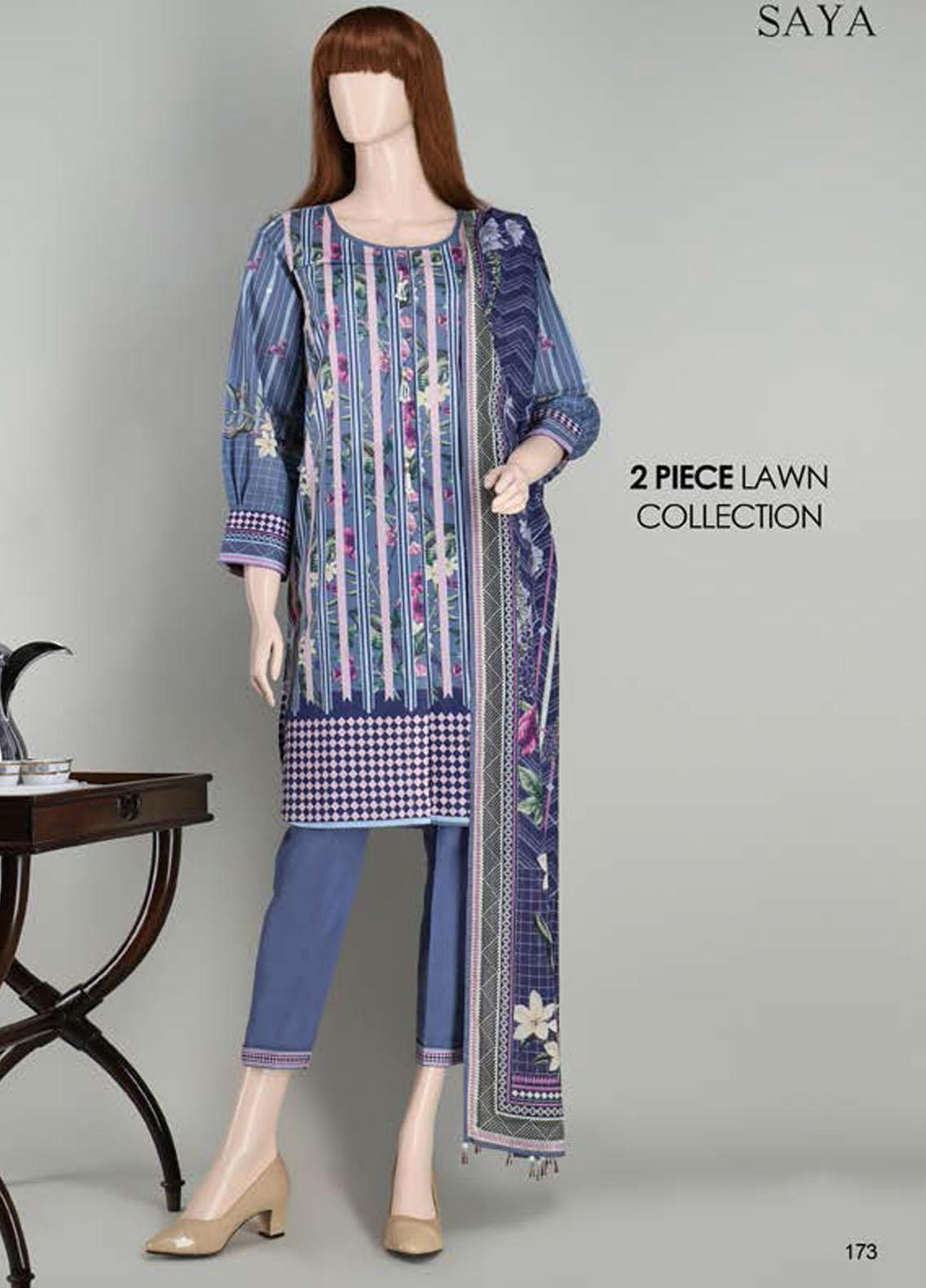 Saya Embroidered Lawn Suits Unstitched 2 Piece SY21SS FLORAL CHEBRONS (UP-2023-19B) - Spring / Summer Collection