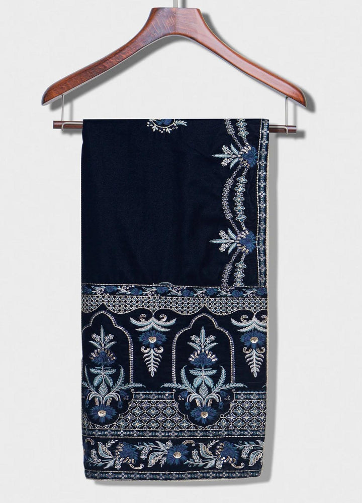 Seran Embroidered Velvet  Shawls SRN23LV Navy Blue Velvet Shawl - Velvet Shawls