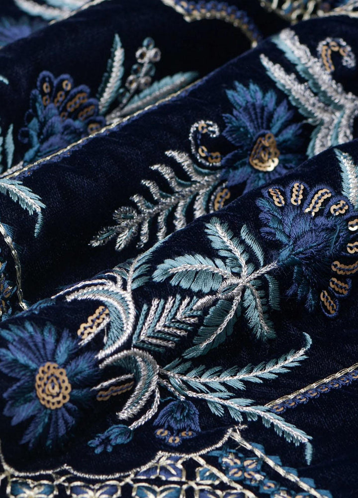 Seran Embroidered Velvet  Shawls SRN23LV Navy Blue Velvet Shawl - Velvet Shawls