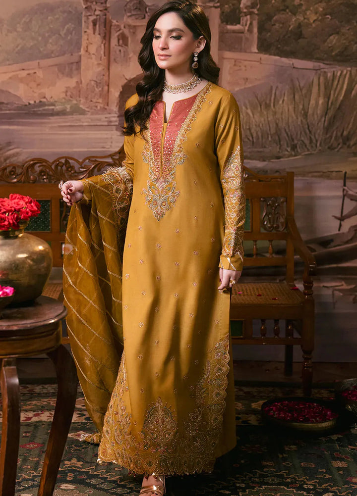 Shagun by Neeshay Embroidered Raw Silk Suit Unstitched 3 Piece NSH24SR Kesar - Festive Collection