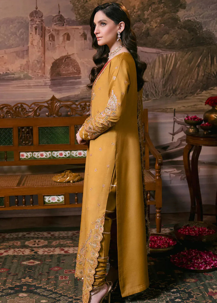 Shagun by Neeshay Embroidered Raw Silk Suit Unstitched 3 Piece NSH24SR Kesar - Festive Collection