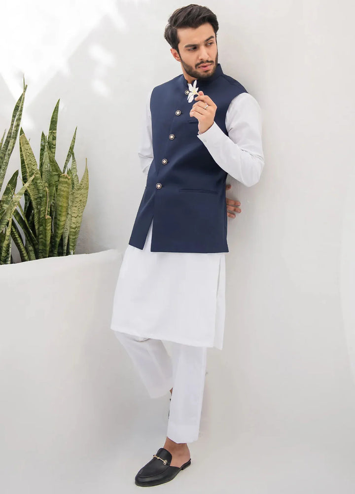 Shahjahan Fancy Men Kurta Pajama with Waistcoat - Blue on Off White