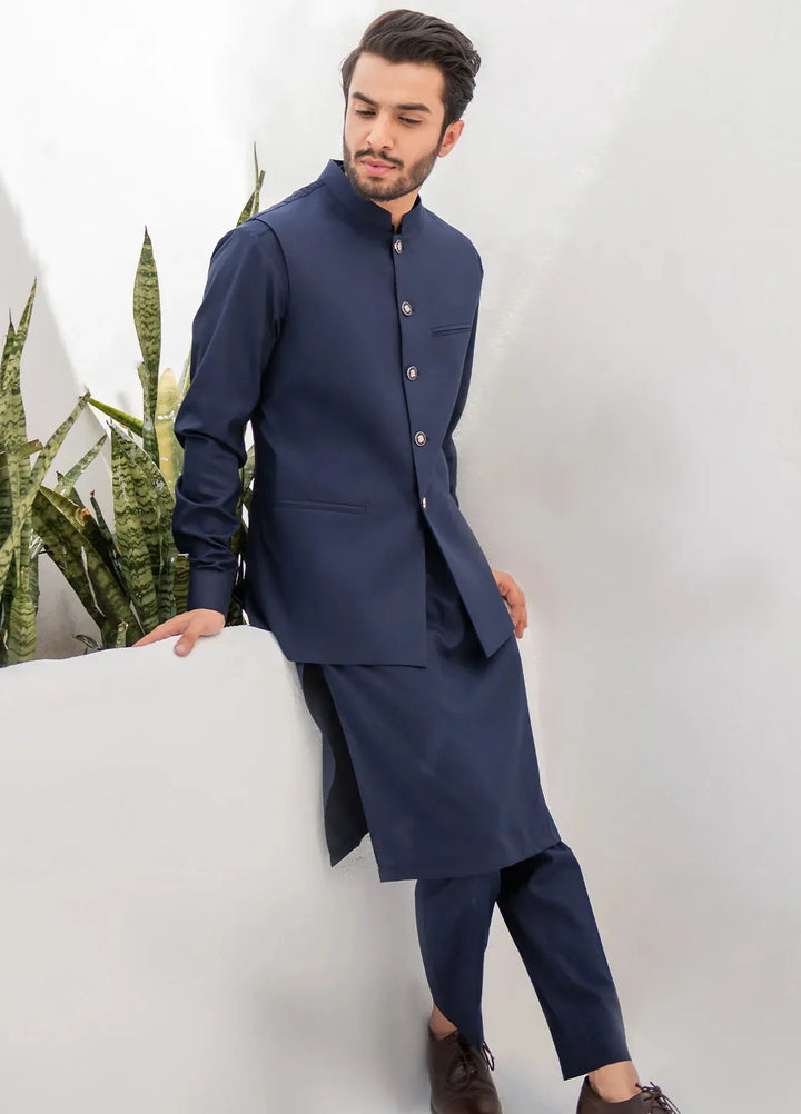 Shahjahan Fancy Men Kurta Pajama with Waistcoat - Blue