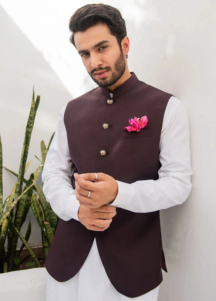 Shahjahan Fancy Men Kurta Pajama with Waistcoat - Chocolate Brown on Off White