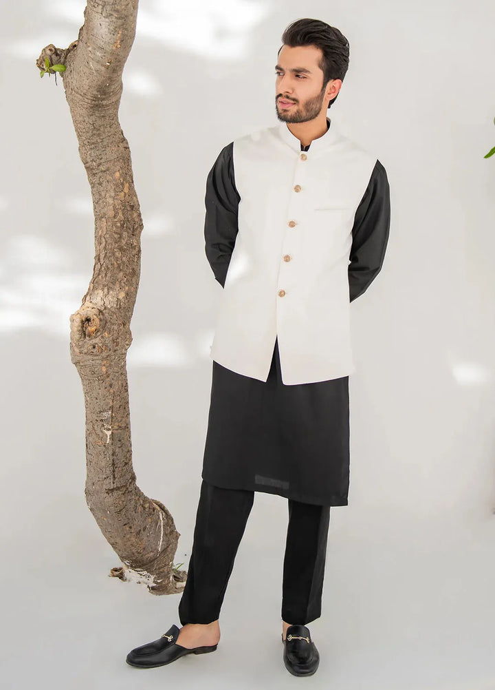 Shahjahan Fancy Men Kurta Pajama with Waistcoat - Off White on Black