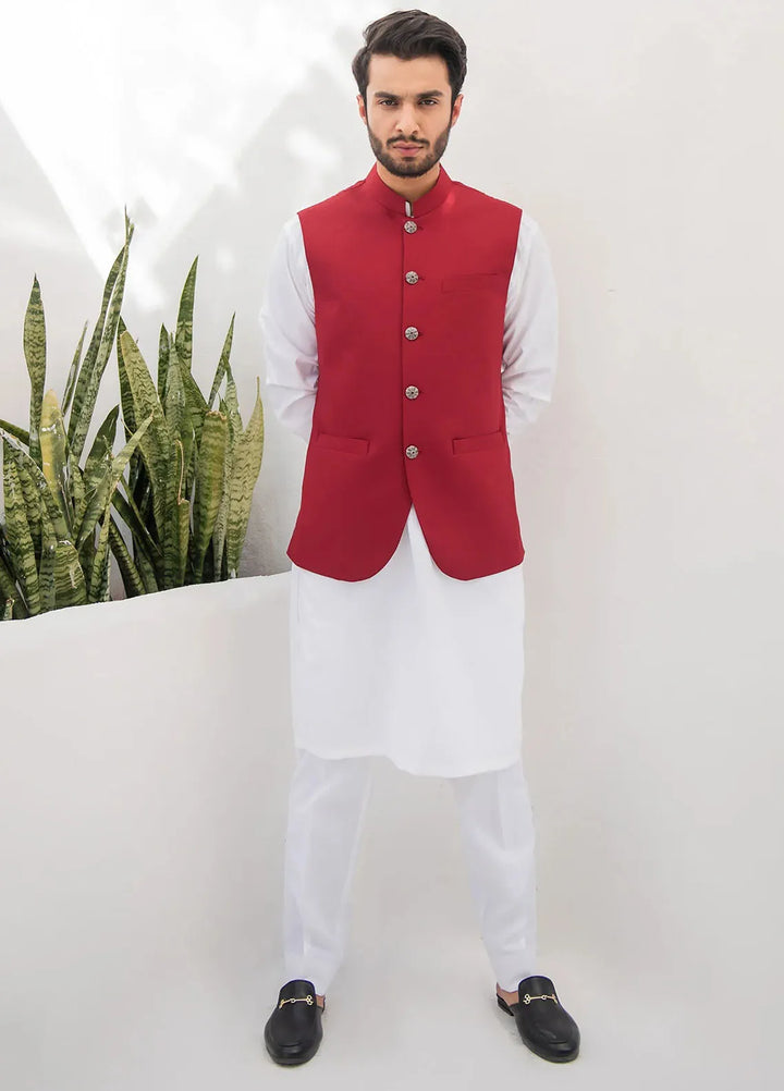 Shahjahan Fancy Men Kurta Pajama with Waistcoat - Red On Off White