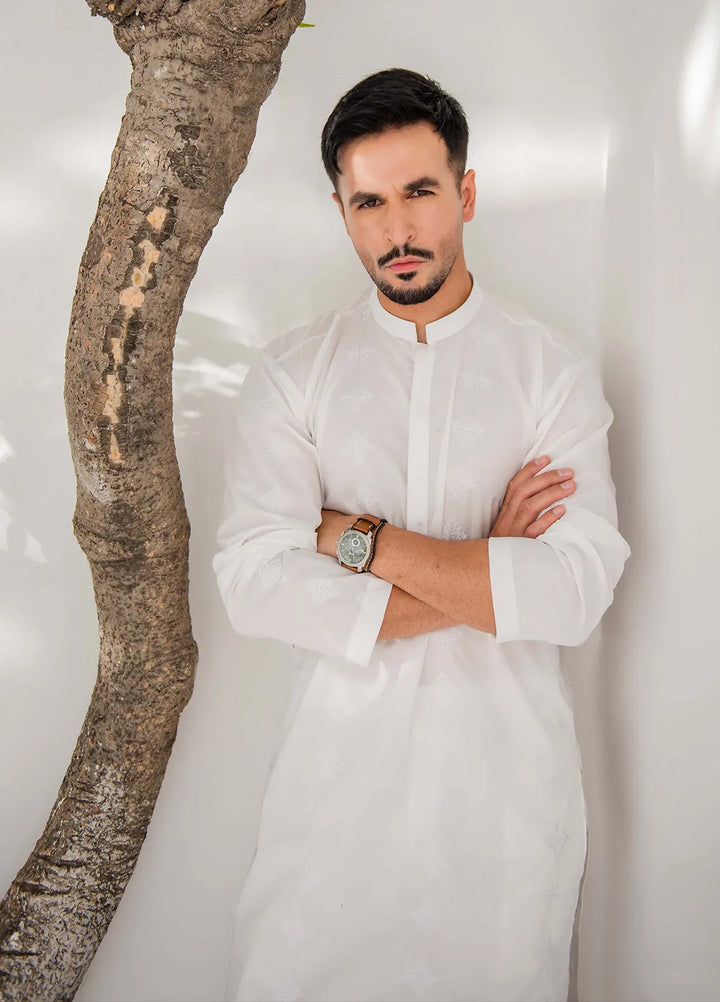 Shahjahan Lawn Embroidered Men Kurta Pajama - White