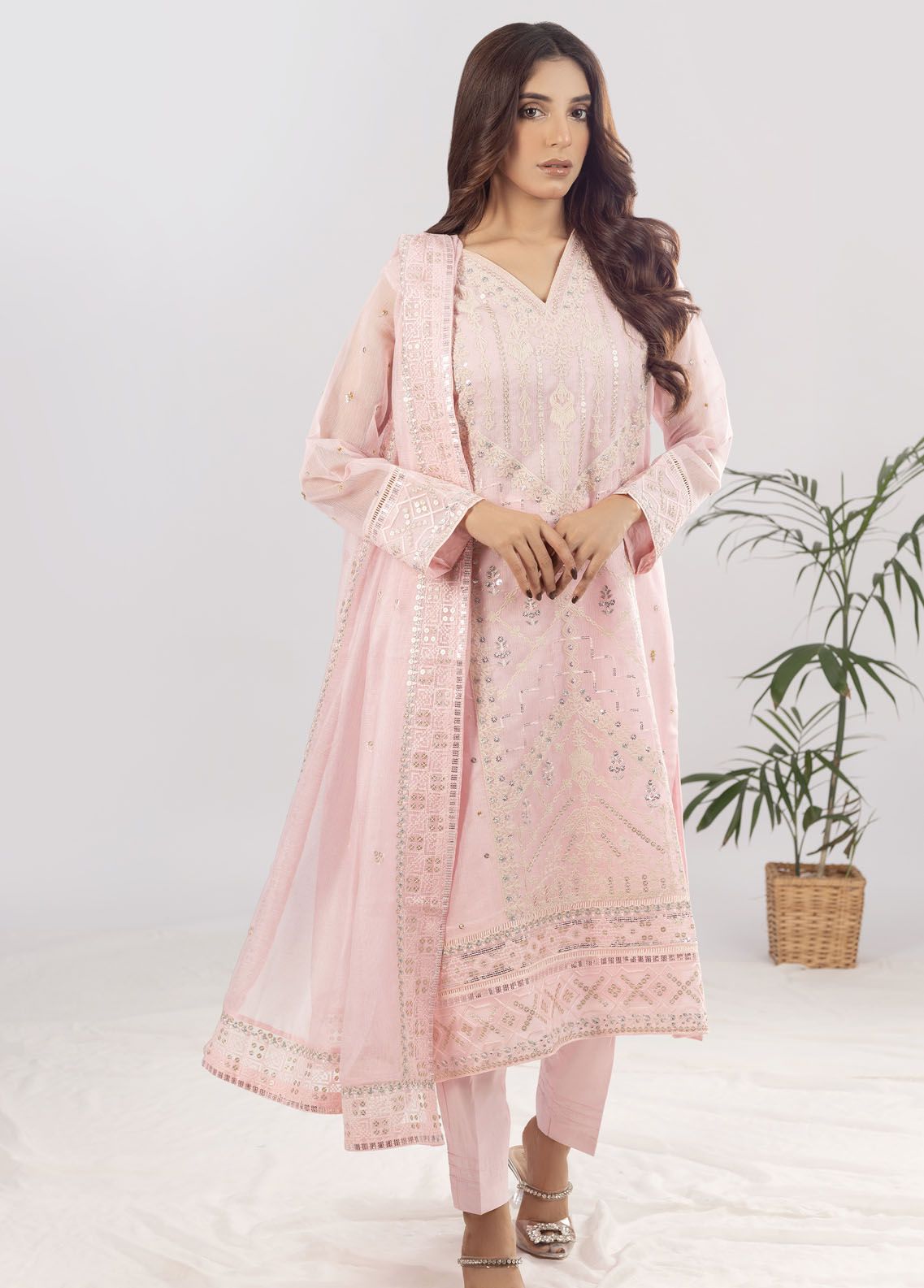 Shamooz Pret Embroidered Khaadi Net 3 Piece Suit SEM-0524 Ivory Glade main image 1