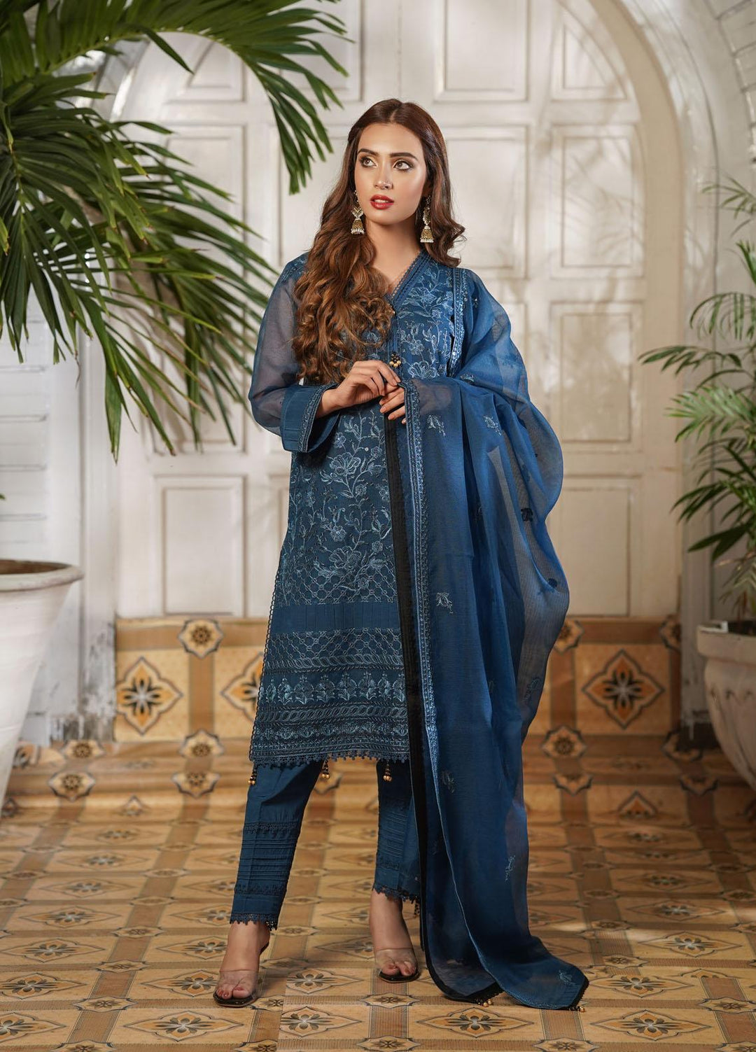 Shamooz Embroidered Silk Net Suits Unstitched 2 Piece SHM22UN Royal Blue SU-017 - Luxury Festive Collection