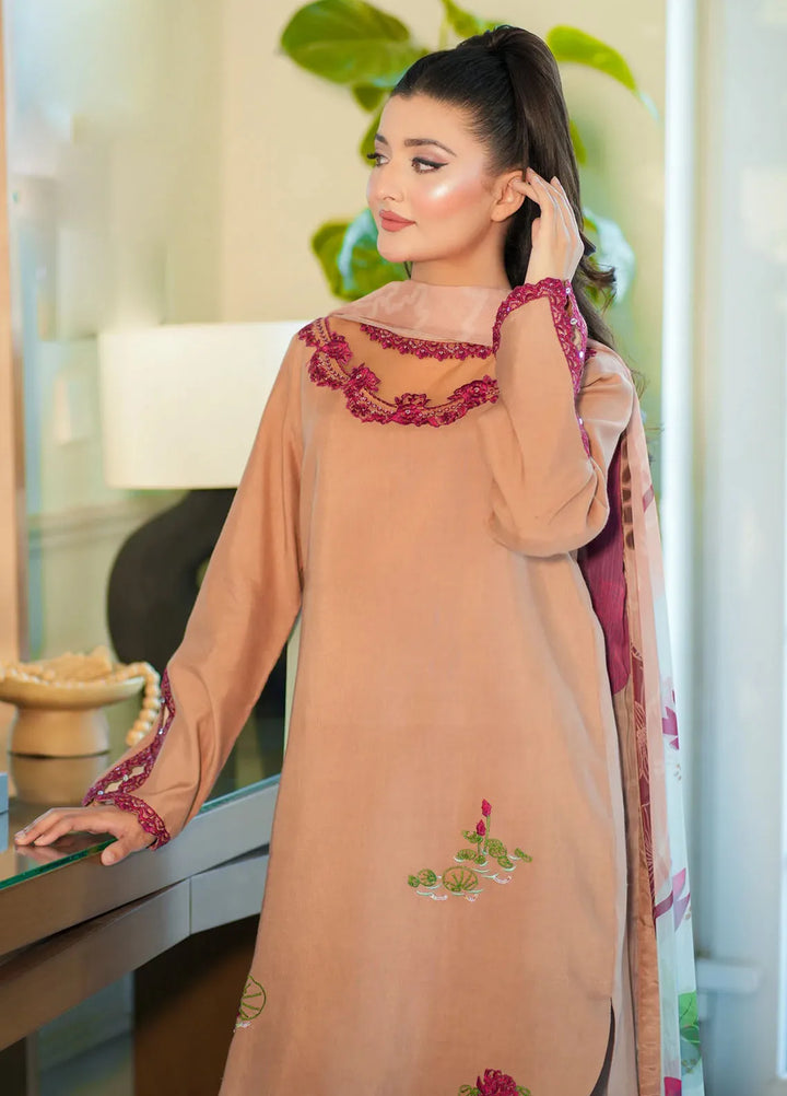Silkspire by Fozia Khalid Pret Embroidered Raw Silk 3 piece Suit Amber