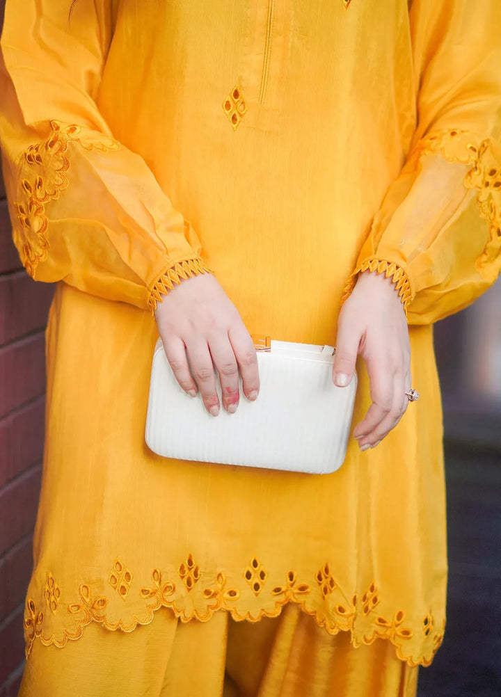 Silkspire by Fozia Khalid Pret Embroidered Raw Silk 3 piece Suit Mari Gold