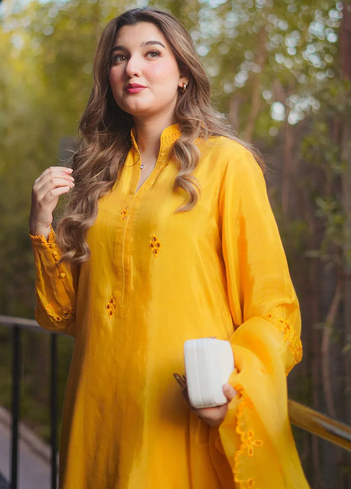 Silkspire by Fozia Khalid Pret Embroidered Raw Silk 3 piece Suit Mari Gold