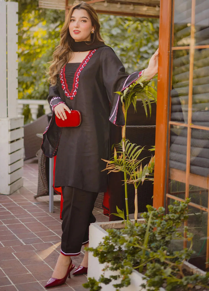 Silkspire by Fozia Khalid Pret Embroidered Raw Silk 3 piece Suit Noir