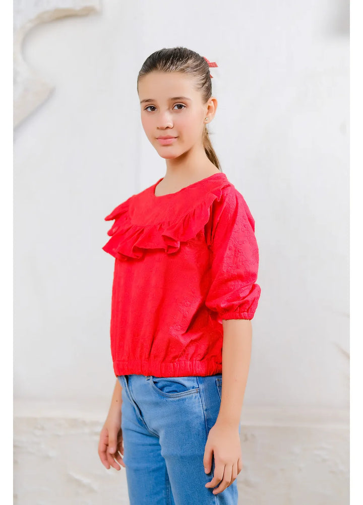 Sprinkles Pret Casual Cotton Shirt Red Ruffle Quarter-Sleeve