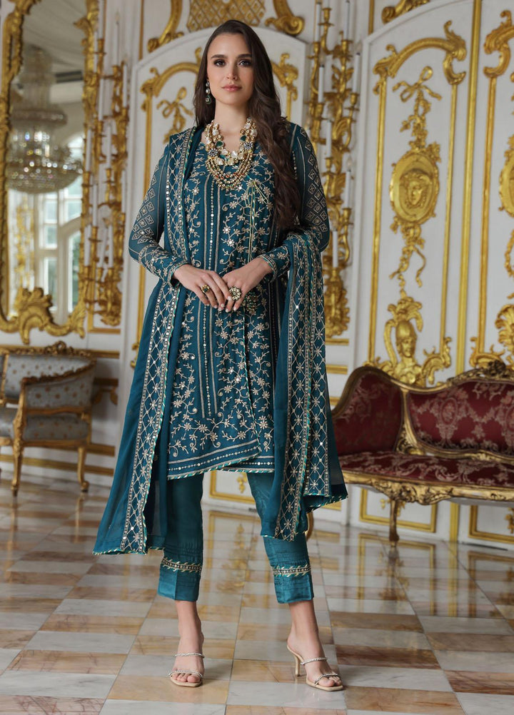Merakish By Shahzeb Textiles Embroidered Chiffon Suits Unstitched 3 Piece ST23MK-V9 Crystal Teal - Luxury Collection