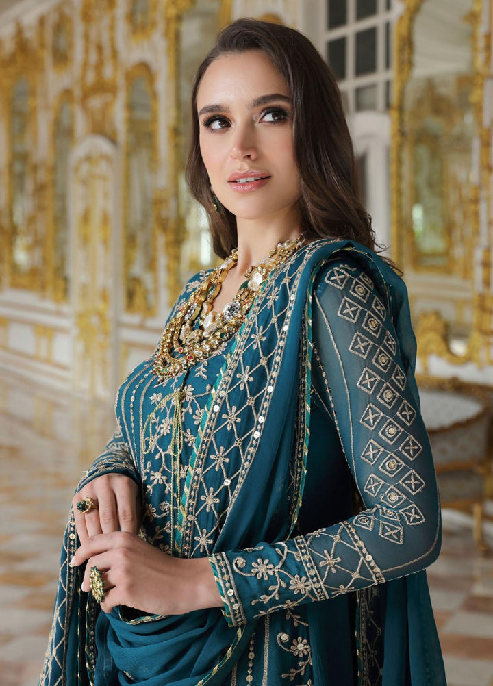 Merakish By Shahzeb Textiles Embroidered Chiffon Suits Unstitched 3 Piece ST23MK-V9 Crystal Teal - Luxury Collection