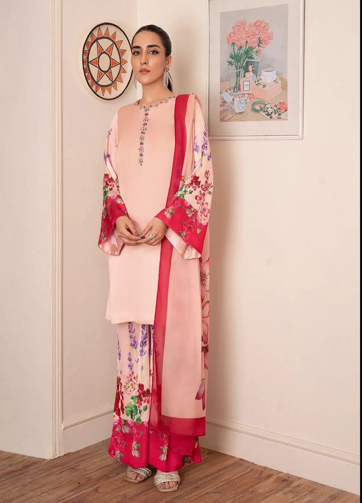 Stitch Vibes Pret Embroidered Silk 3 Piece Suit Peach Pink Dress