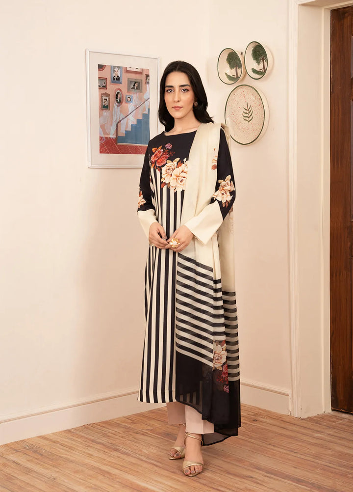 Stitch Vibes Pret Printed Crepe 3 Piece Suit Black Striped Dress