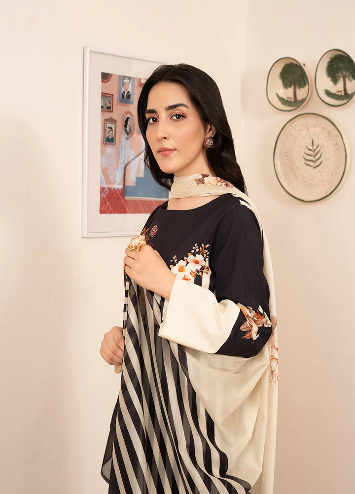 Stitch Vibes Pret Printed Crepe 3 Piece Suit Black Striped Dress