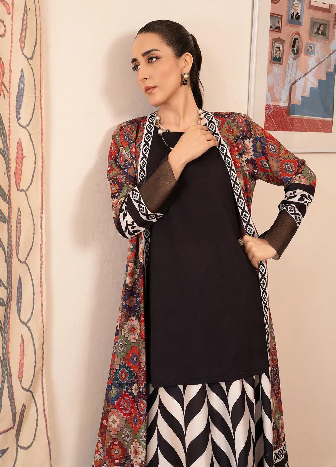 Stitch Vibes Pret Printed Silk Black Sequence Skirt