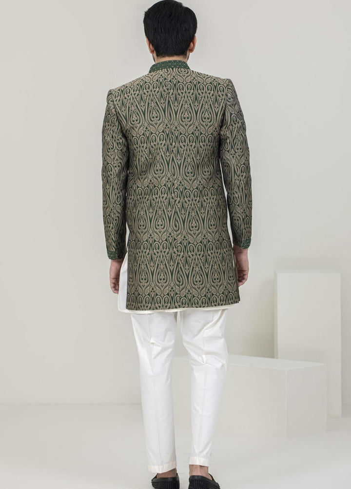 Stylish Jamawar Formal Sherwani for Men -  GS-5054 Golden Green