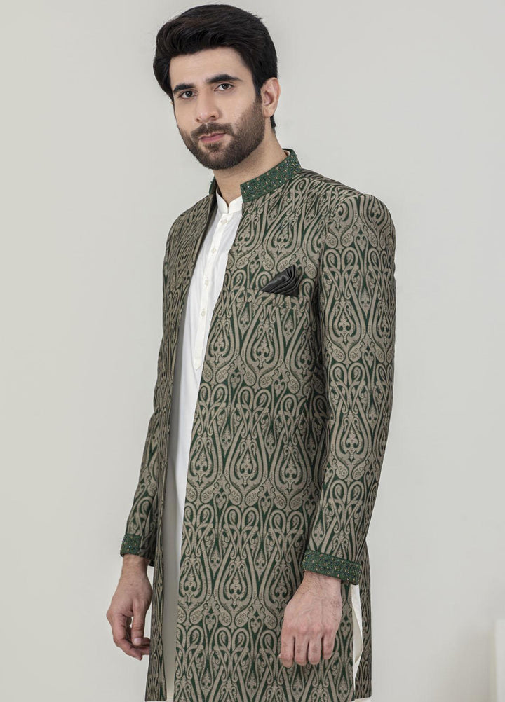 Stylish Jamawar Formal Sherwani for Men -  GS-5054 Golden Green