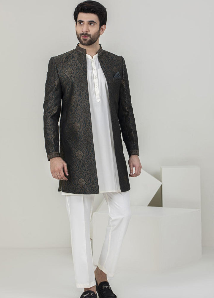 Stylish Jamawar Formal Sherwani for Men -  GS-5057 Black Golden