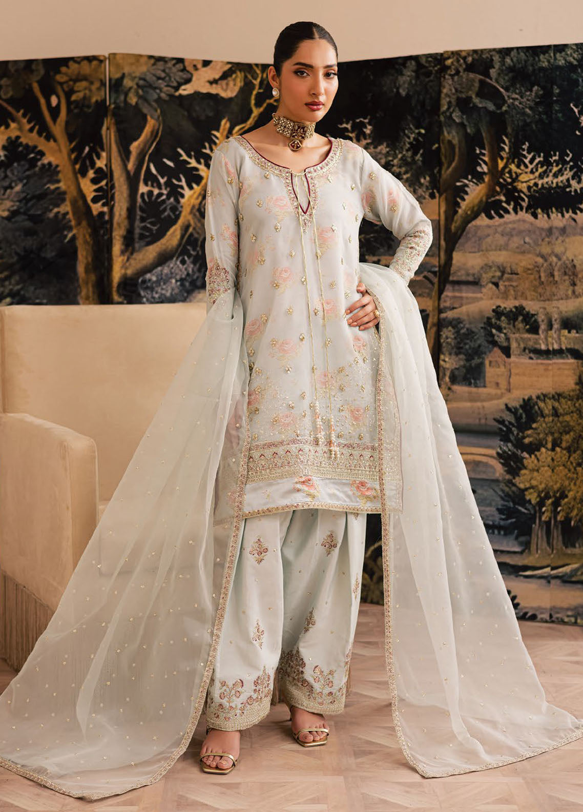 Eshaal By Emaan Adeel Embroidered Organza Suits Unstitched 3 Piece EA23E ESH-01 - Luxury Collection