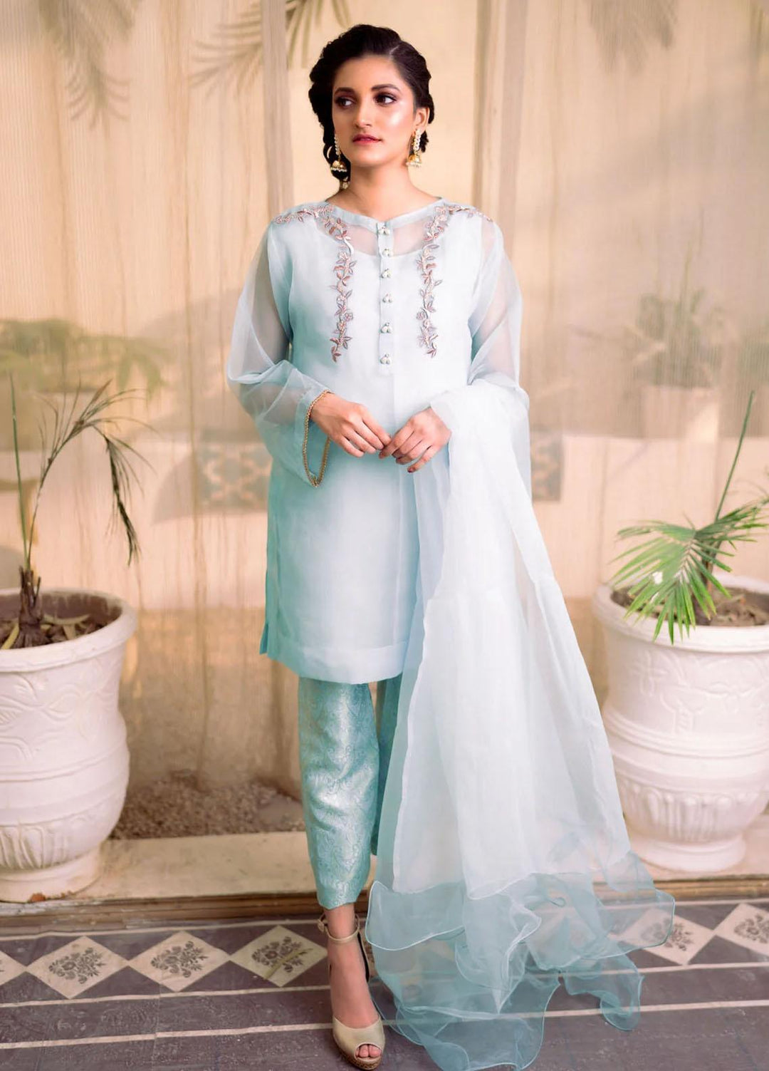 PSK Couture Pret Embroidered Tissue 4 Piece Suit BLUE MORPHO