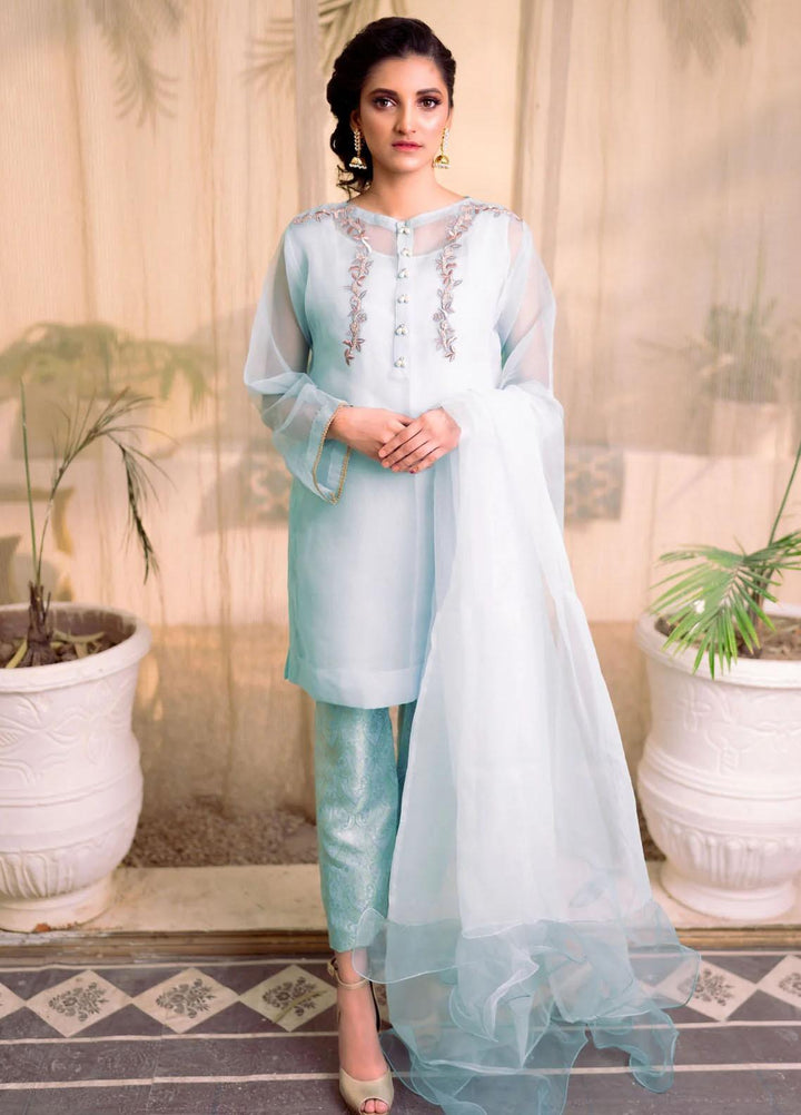 PSK Couture Pret Embroidered Tissue 4 Piece Suit BLUE MORPHO