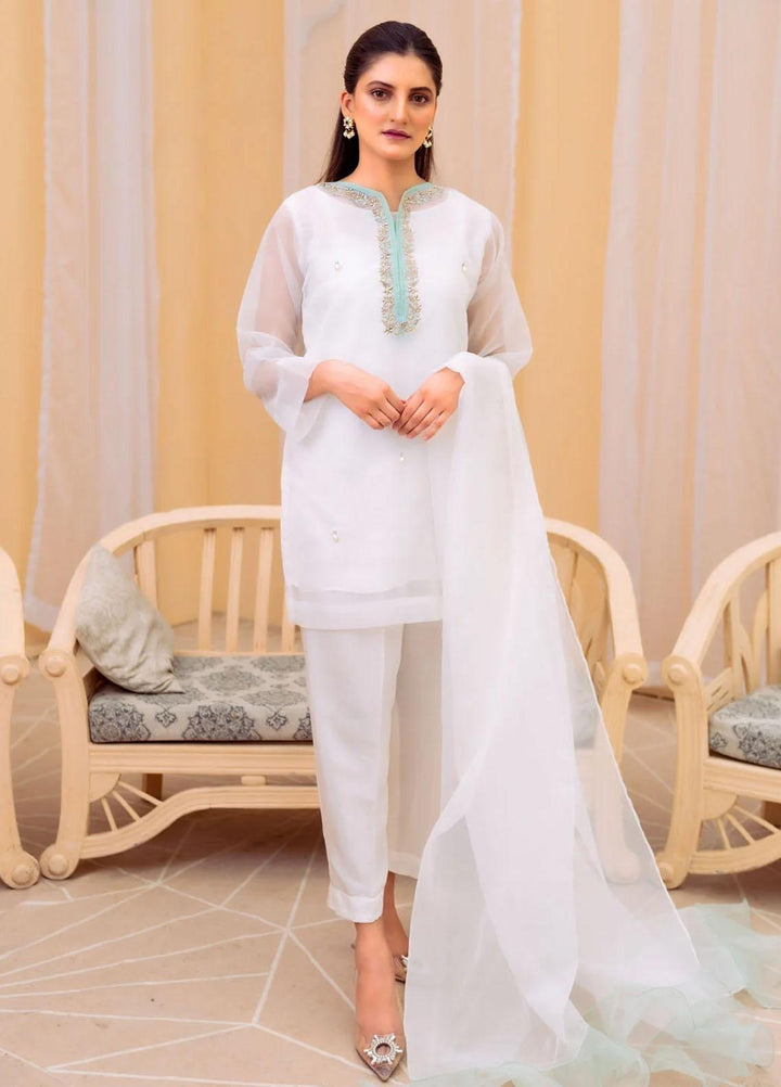 PSK Couture Pret Embroidered Tissue 4 Piece Suit WHITE LOTUS