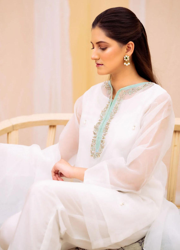 PSK Couture Pret Embroidered Tissue 4 Piece Suit WHITE LOTUS